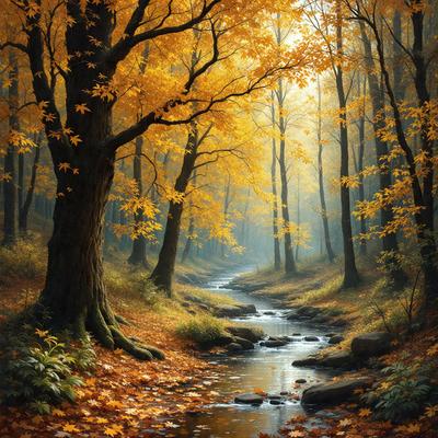 Primary subject: A beautiful forest scene with a stream of water flowing through it.

Setting/background: The forest is filled with trees, and the stream is surrounded by rocks and leaves. The scene is painted in a watercolor style.

Visual style: The image is a painting, showcasing the artist's skill in capturing the natural beauty of the forest and the flowing stream.

Colors and mood: The painting features a warm and inviting color palette, with the forest's green
